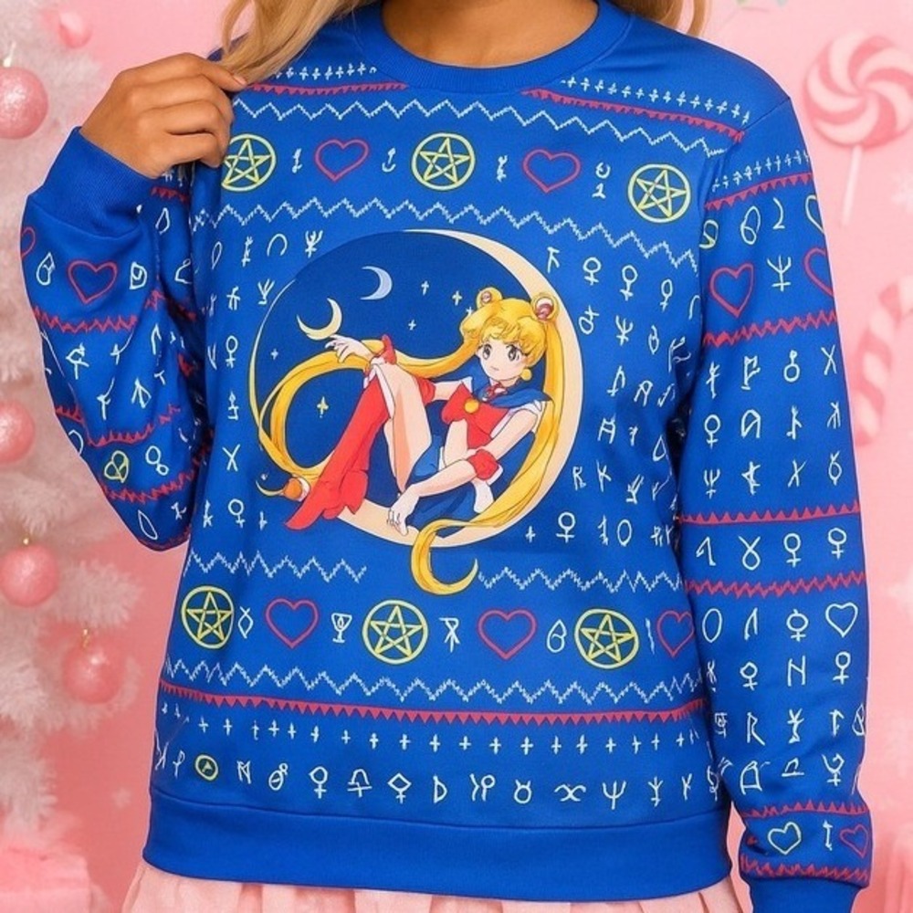 NWT Small Sailor Ugly Christmas Tee Blue Retro Anime Holiday Winter Sweater
